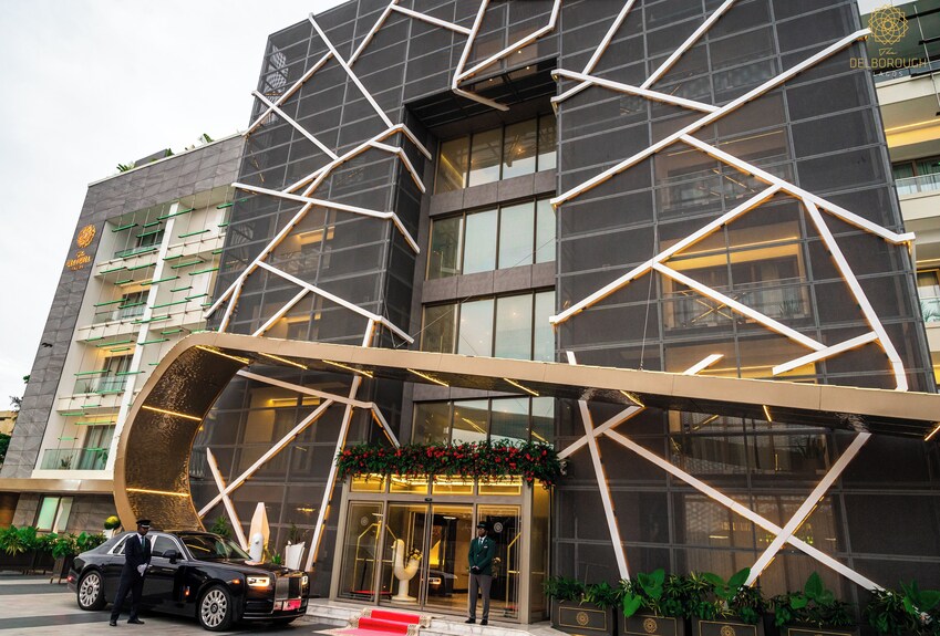 Modern hotel entrance representing hospitality energy use